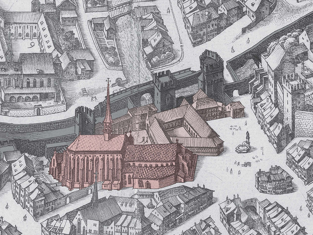 Picture detail of the Merian map with the Barfüsser monastery. Picture detail of the Merian map with the Barfüsser monastery.
