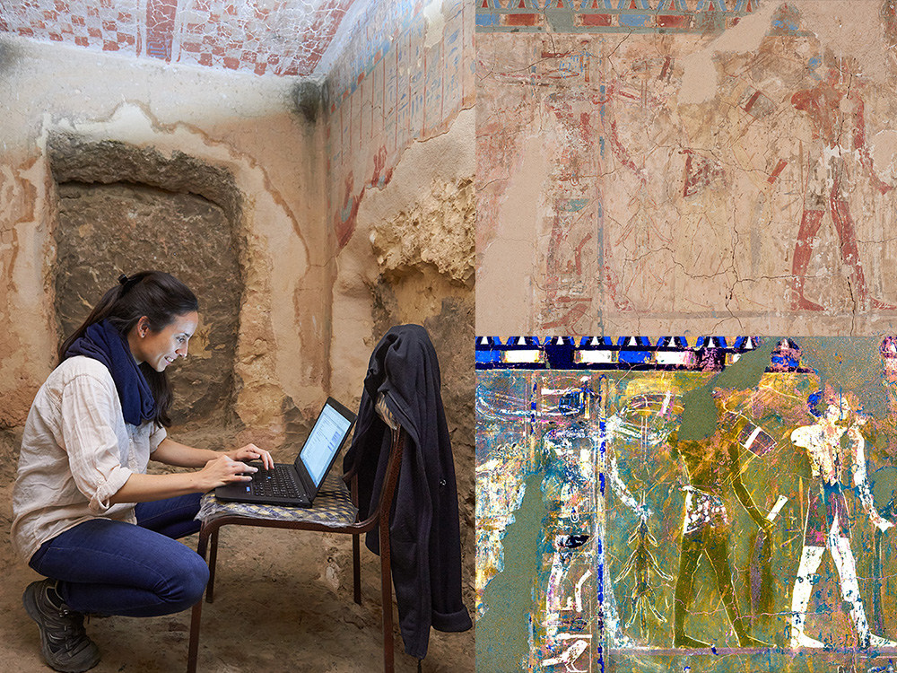 Epigrafikerin Julianna Paksi mit Laptop in einer der Grabkammern, mit Beispielen einer Wandmalerei vor und nach der Analyse mit der Software DStretch Epigrafikerin Julianna Paksi mit Laptop in einer der Grabkammern, mit Beispielen einer Wandmalerei vor und nach der Analyse mit der Software DStretch