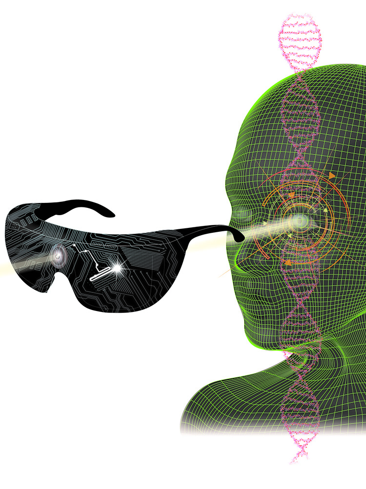 Die Netzhaut eines Blinden wird mittels optogenetischer Therapie lichtempfindlich gemacht und von einer lichtstimulierenden Brille beleuchtet, die mit einer neuromorphen Kamera Bilder aus der visuellen Welt aufnimmt. 