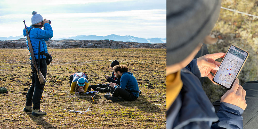 During data collection, one team member always stands guard. A comparison with a map on a mobile phone to see if a certain plant species has been described here before. During data collection, one team member always stands guard. A comparison with a map on a mobile phone to see if a certain plant species has been described here before.