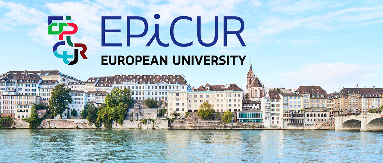 Banner mit dem Logo der EPICUR European University über einer Ansicht der Alten Universität in Basel unter blauem Himmel.
