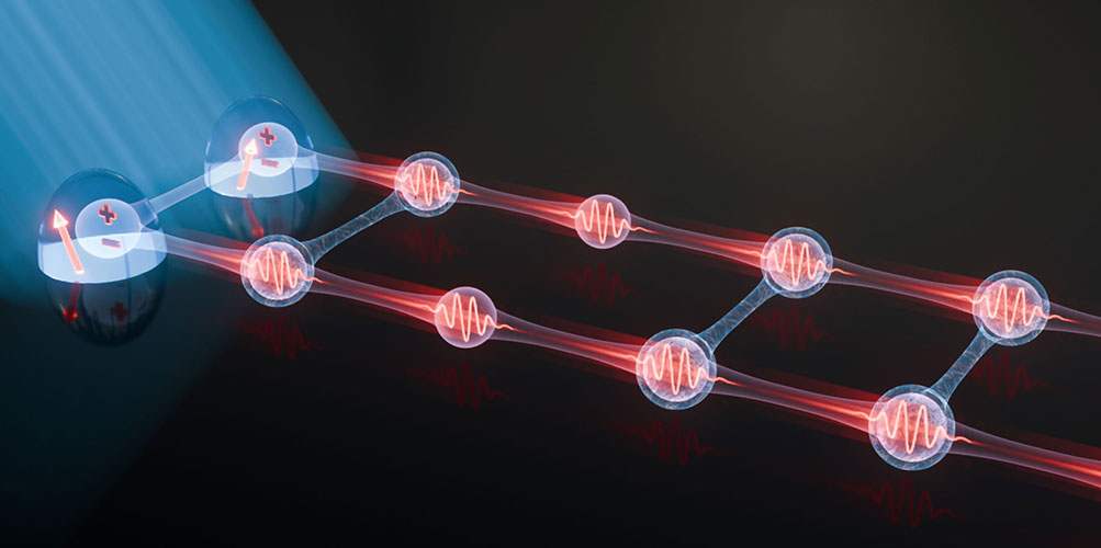 Illustration of a quantum network with entangled photons represented as red waveforms connected by transparent spheres, with two larger spheres on the left symbolizing qubits under a blue light beam. Illustration of a quantum network with entangled photons represented as red waveforms connected by transparent spheres, with two larger spheres on the left symbolizing qubits under a blue light beam.