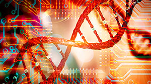 Darstellung des Zusammenspiels von DNA und elektronischen Schaltkreisen: Anwendungen in der Bioinformatik, DNA-Datenspeicherung und der Analyse von DNA-Protein-Datenbanken (3D-Rendering).