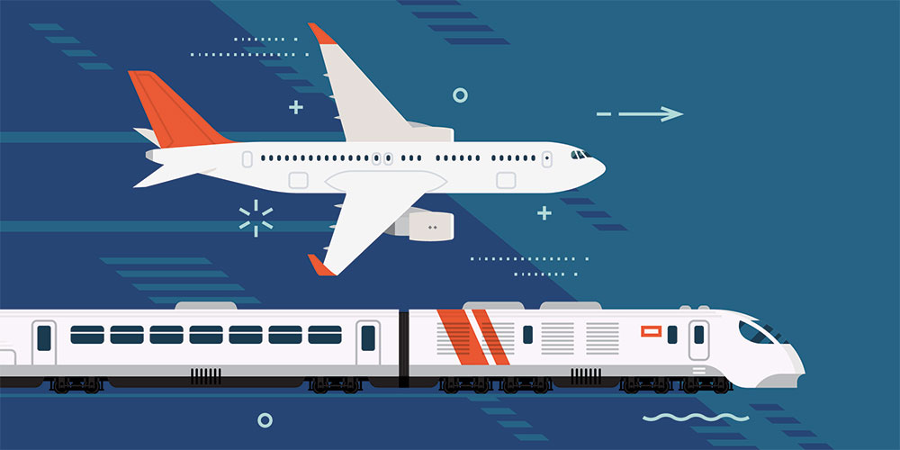 Verkehrsflugzeug und moderner Zug auf abstraktem Hintergrund. (Bild: Mascha Tace/Shutterstock)