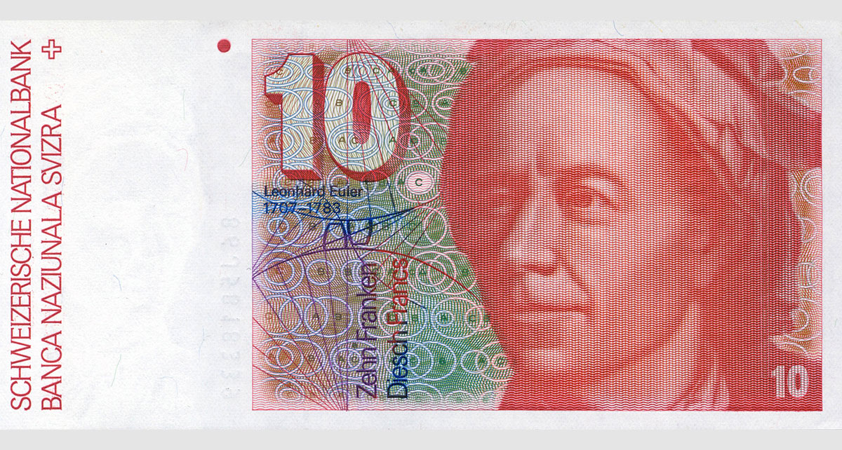 Leonhard Euler on the 10 Swiss francs banknote (1979).