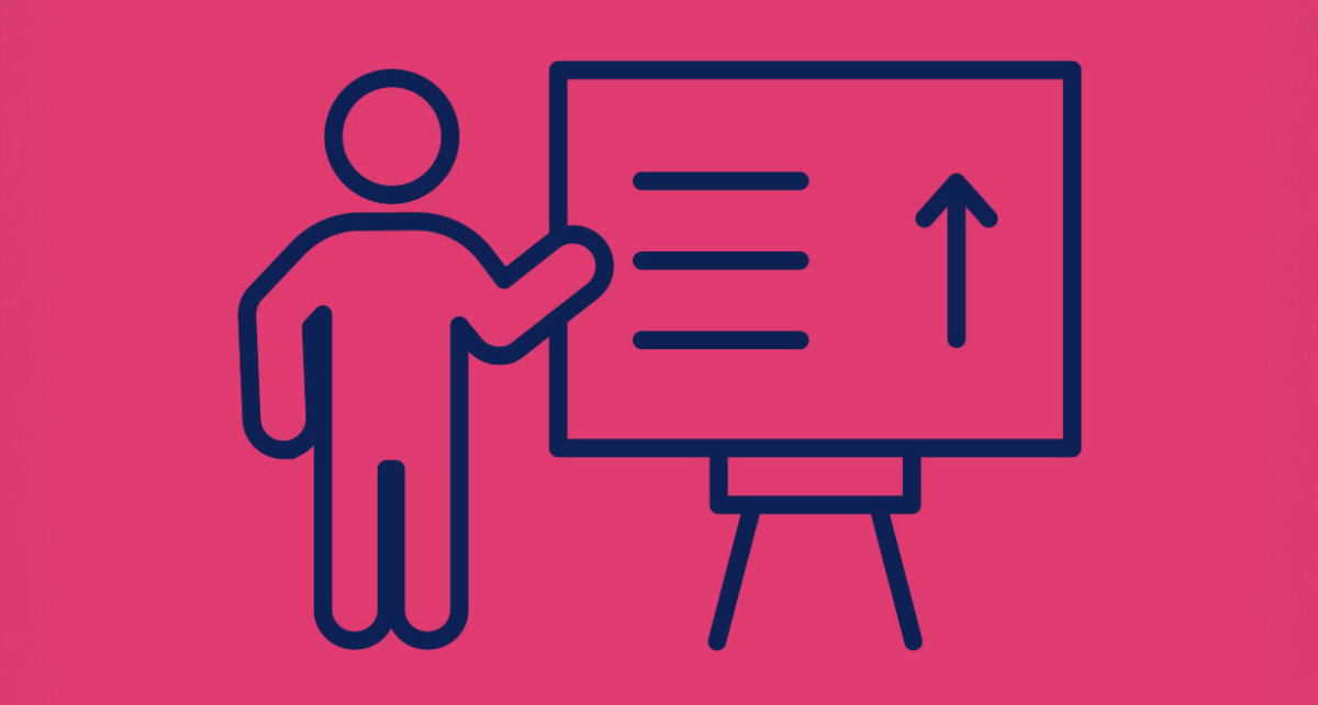 Ein Piktogramm zeigt eine Figur vor einer PowerPoint-Präsentation.