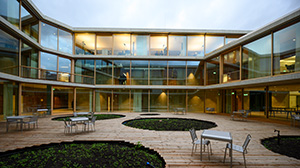 A large, partly green courtyard surrounded by a building with large illuminated windows